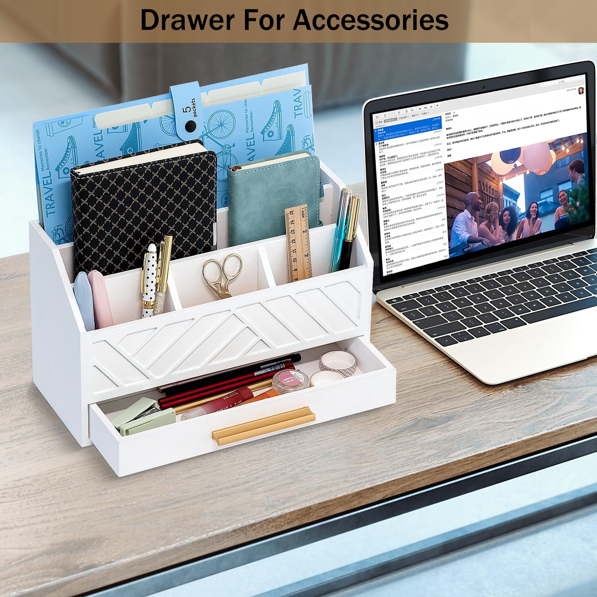 Brown Wood Desk Organizer and Accessories with Drawer, Bill Mail Organizer and File Mail Holder for Office Supplies, Modern Desk Accessories & Workspace Organizers for Desk Organization
