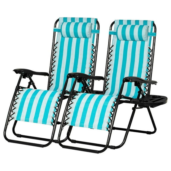 Set of 2 Relaxing Recliners Patio Chairs Adjustable Steel Mesh Lounge Chair Beach Chairs with Pillow and Cup Holder (Light Blue Stripe)