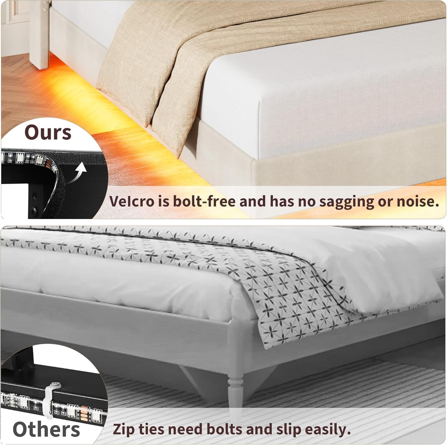 Huisuilinss Floating Bed Frame Full,Queen Size Upholstered Platform Bed With LED Lights & Charging Station,Storage Headboard & Folding Shelves Storage,Metal Slats Support,No Box Spring Needed