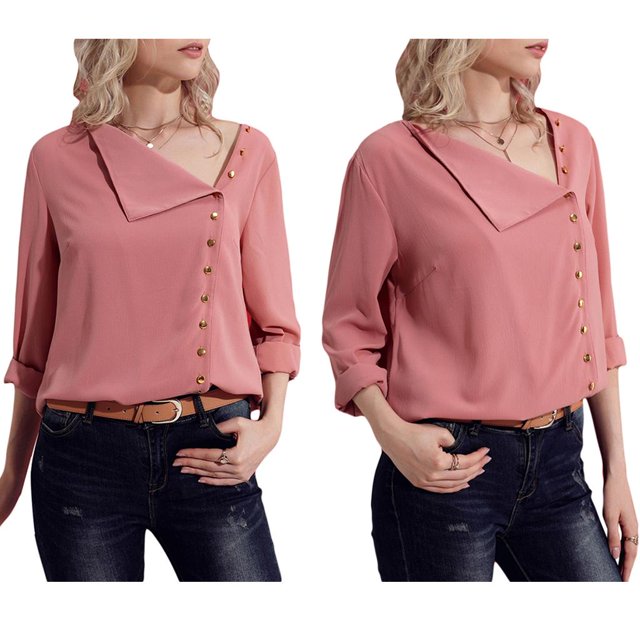 Señoras con estilo Mujeres Botón Cuello vuelto Gasa Camisa lisa Cuello en casuales Blusas L Baoblaze Blusa de Gasa Sólida