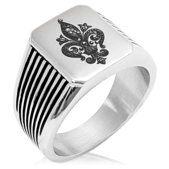 Stainless Steel Crown Fleur De Lis Needle Stripe Pattern Biker Style Polished Ring