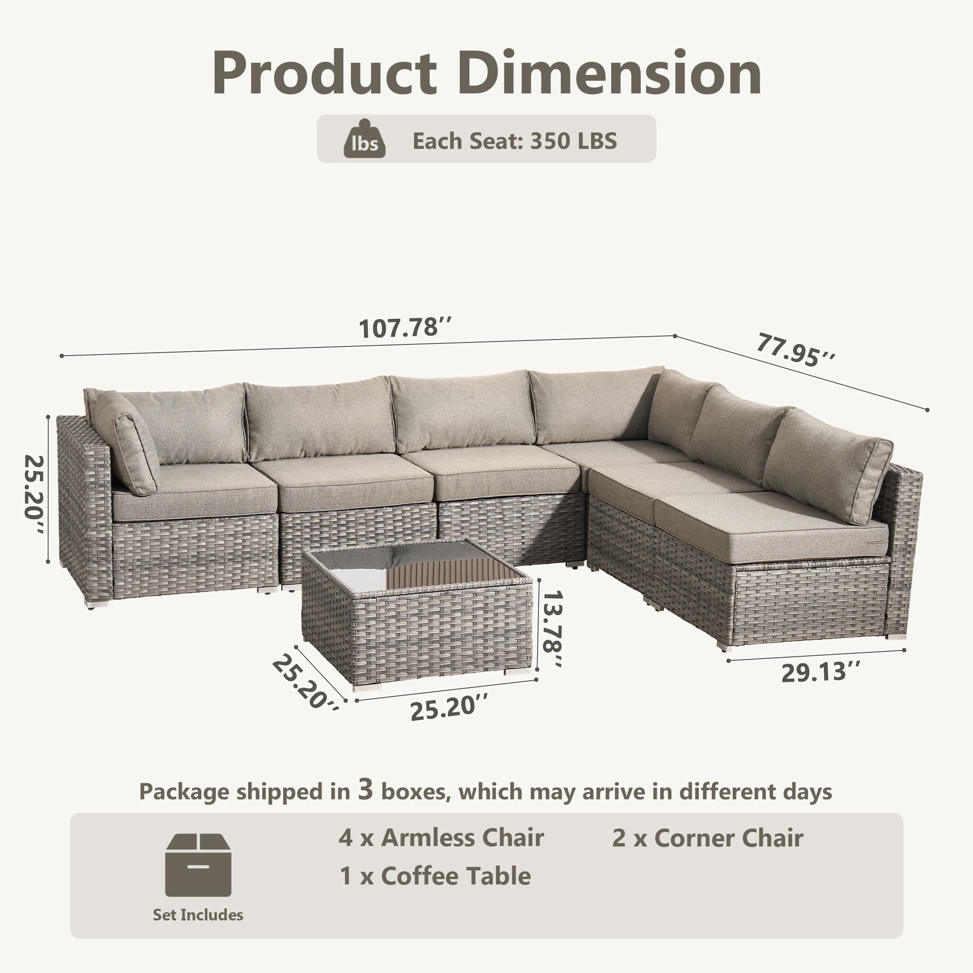 XIZZI 7-Piece Outdoor Sectional Furniture Sets, Patio Conversation Set with Cushions and Coffee Table, All-Weather Patio sets for Backyard, Garden,Dark Gray