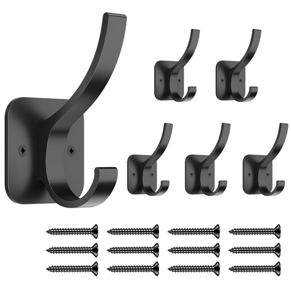 6 Pack Black Coat Hooks Wall Mount, Heavy Duty Wall Hooks for Hanging, Backpack Hooks for Wall, Metal Towel Hooks for Hanging Hat, Purse, Robe