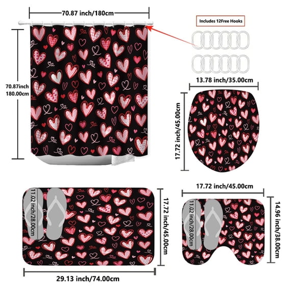 Heart Shower Curtain Set, Waterproof Bathroom Mat, Romantic Valentine's Day Decor, Four-Piece Home Gift for Couples, Durable and Easy to Clean