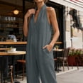 thumbnail image 6 of Beach Vacation Jumpsuits for Women Halter Neck Sleeveless Linen Rompers Summer Travel Wide Leg Jumpsuit Gray, 2XL, 6 of 7