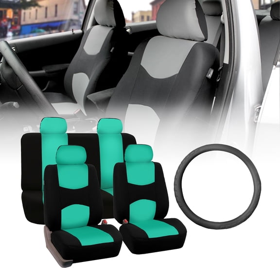 FH Group Flat Cloth Seat Covers for Auto, Full Set with Leather Steering Wheel Cover, Mint Black