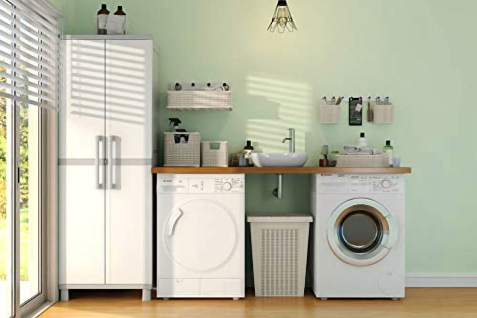 KETER Storage Cabinet with Doors and Shelves for Tool and Home Organization, White & Grey