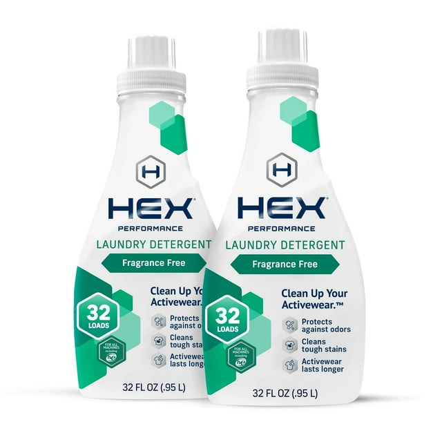 HEX Performance Détergent à Lessive, Sans Parfum, 64 Brassées (Lot de 2) - Conçu pour Vêtements de Sport, Fait pour Peau Sensible, Écologique, Formule Concentrée