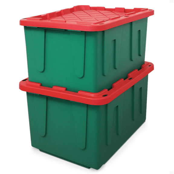 Heavy Duty Plastic Storage Bins with Lids, 27 Gallon, Green/Red - Stackable Container Boxes for Holiday, Attic, and Garage Organization
