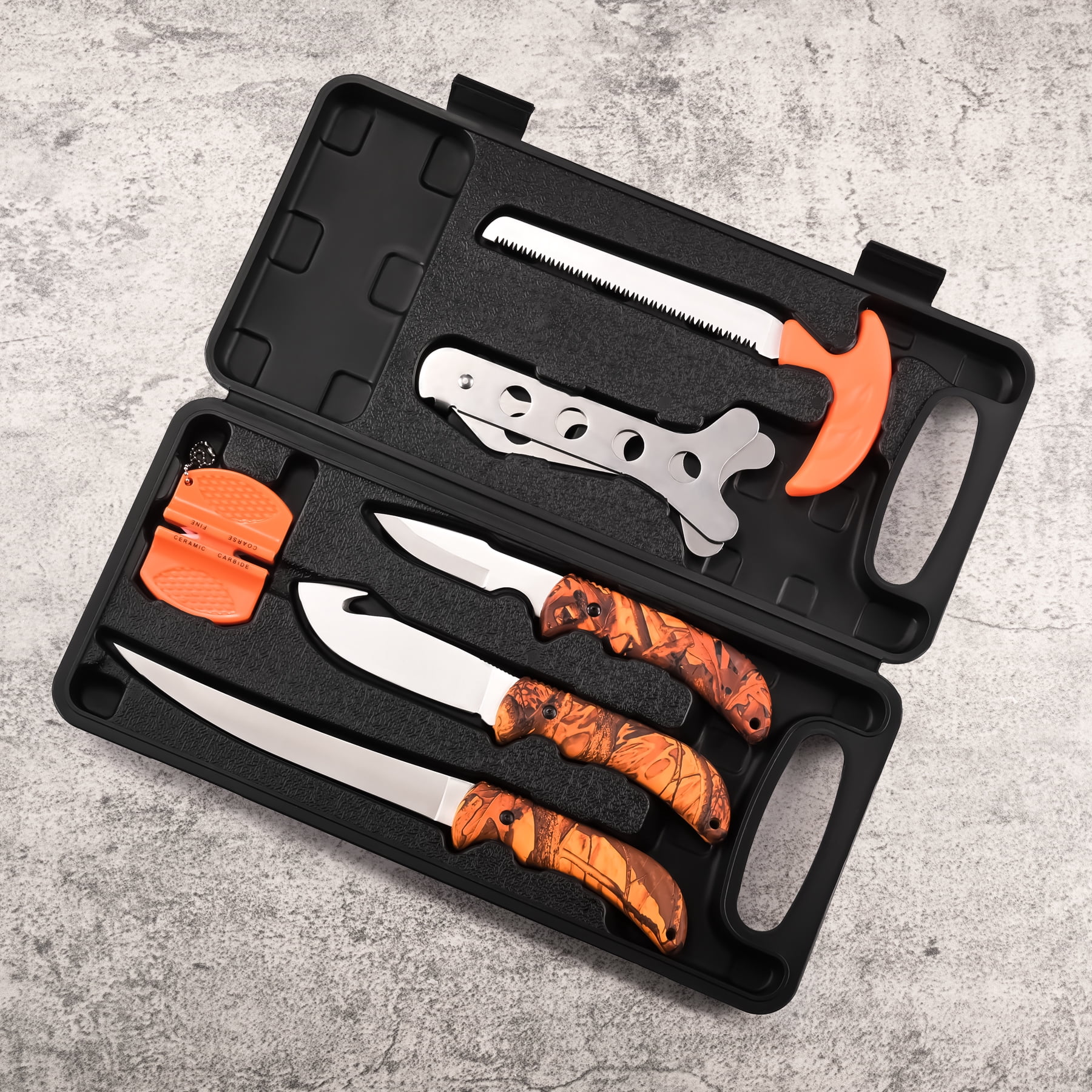 KNINE OUTDOORS Hunting Deer Knife Set Red Maple Camo Handle Field Dressing Kit Portable Game Processor Set with Nylon Belt Sheath, 8 Pieces