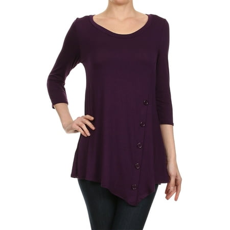 - Women's Trendy Style 3/4 Sleeves Button Trim Solid Top