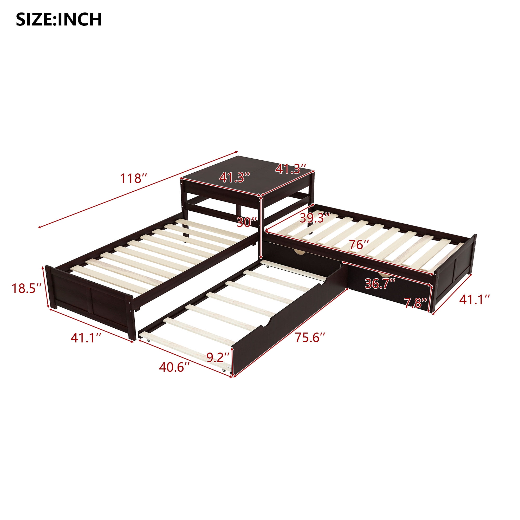 Euroco Pine Wood L-Shaped Twin Platform Bed with Trundle, 3 Beds in One for Bedroom, Trundle Bed with Drawers and Built-in Desk, Espresso
