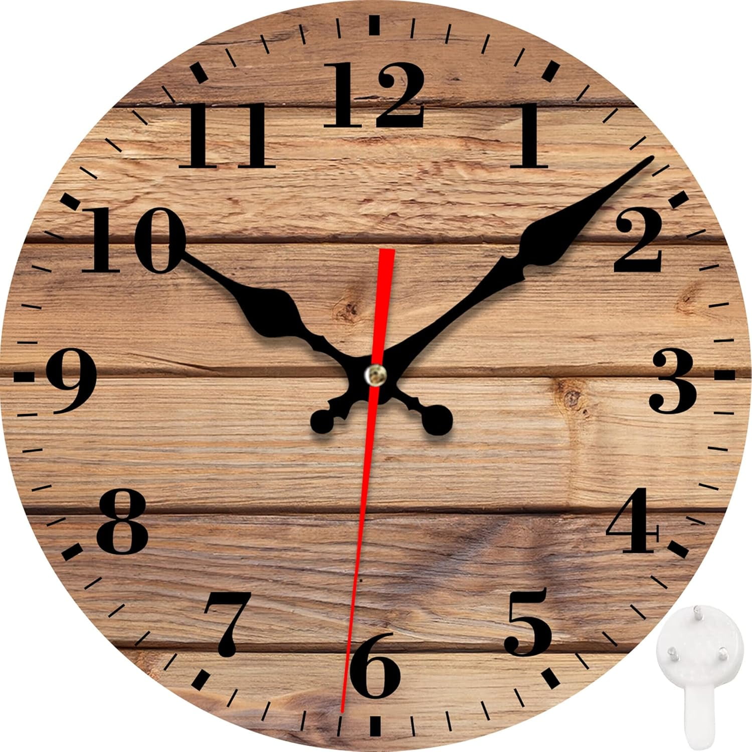 Wall Clock, Brown Wooden Board Silent Non Ticking Battery Operated Round Decorative Indoor Outdoor Clocks for Living Room Kitchen Bedroom Bathroom Patio 12