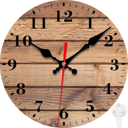 Wall Clock, Brown Wooden Board Silent Non Ticking Battery Operated Round Decorative Indoor Outdoor Clocks for Living Room Kitchen Bedroom Bathroom Patio 12