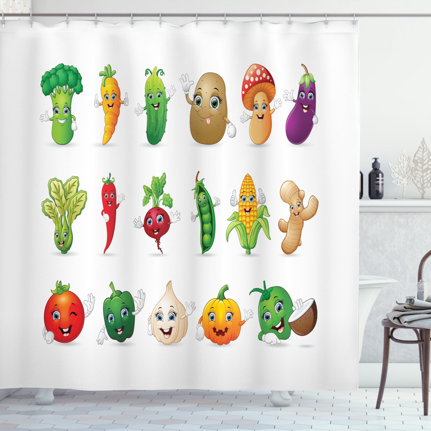 Vegetable Shower Curtain, Funny Various Cartoon Characters with Smiley Faces  Happy Farm Theme Kids Nursery, Fabric Bathroom Set with Hooks, 69W X 70L  Inches, Multicolor, by Ambesonne 