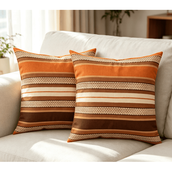 Orange Brown Striped Throw Pillow Covers 18x18 Set of 2 Double-Sided Farmhouse Neutral Decorative Cushion Cases Rustic Linen Pillow Covers for Sofa