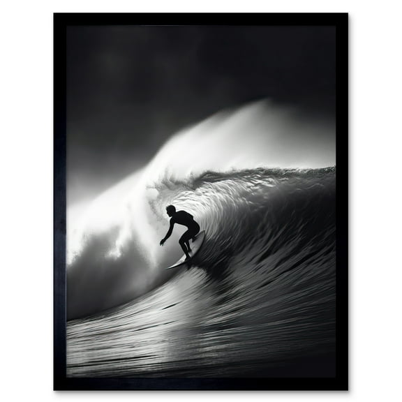 Surfer Riding a Big Wave Black and White Photo Art Print Framed Poster Wall Decor 12x16 inch