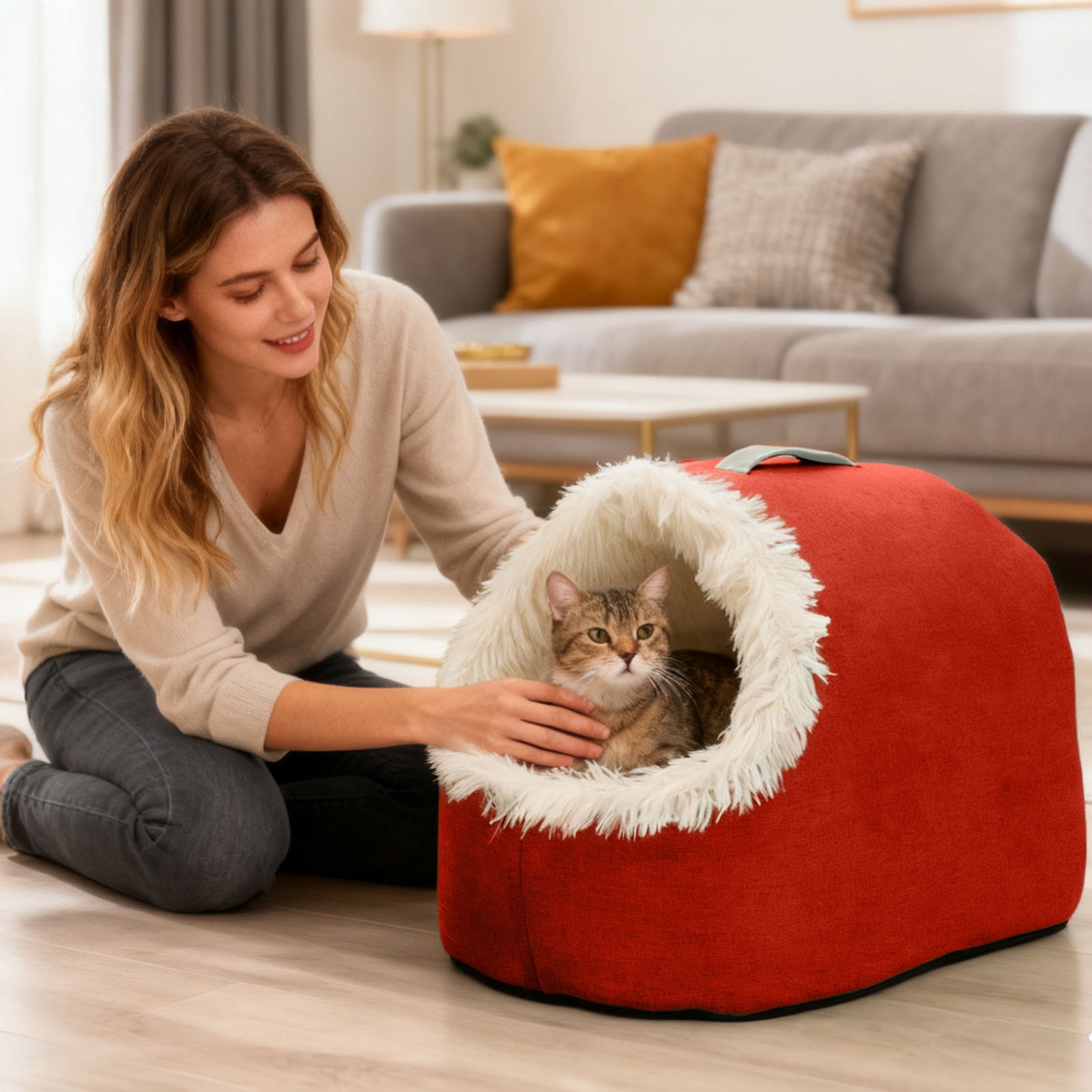 Portable Warm Cat Cave Bed, Soft Plush Hooded Pet Calming Nest - Washable Removable Cushion for Indoor Cats, Small Dogs, Winter Sleeping (13x15.7 Inches)