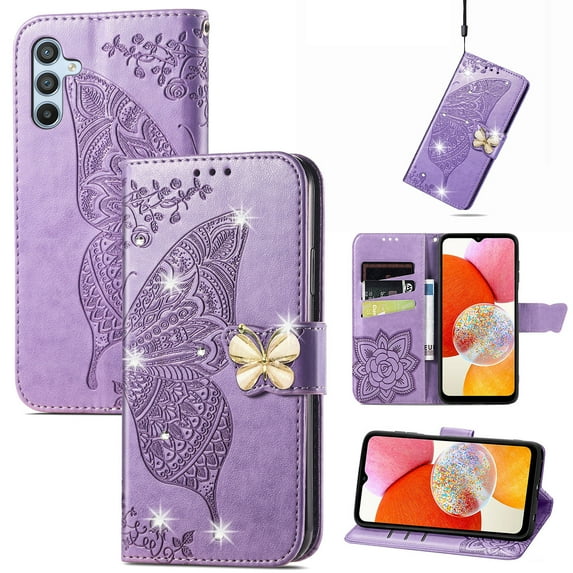 Feishell for Samsung Galaxy A54 5G Wallet Case for Women Girls,Bling Diamond Butterfly Embossed PU Leather Magnetic Clasp Flip Kickstand ID Credit Card Slots Phone Case with Wrist Strap,Lightpurple
