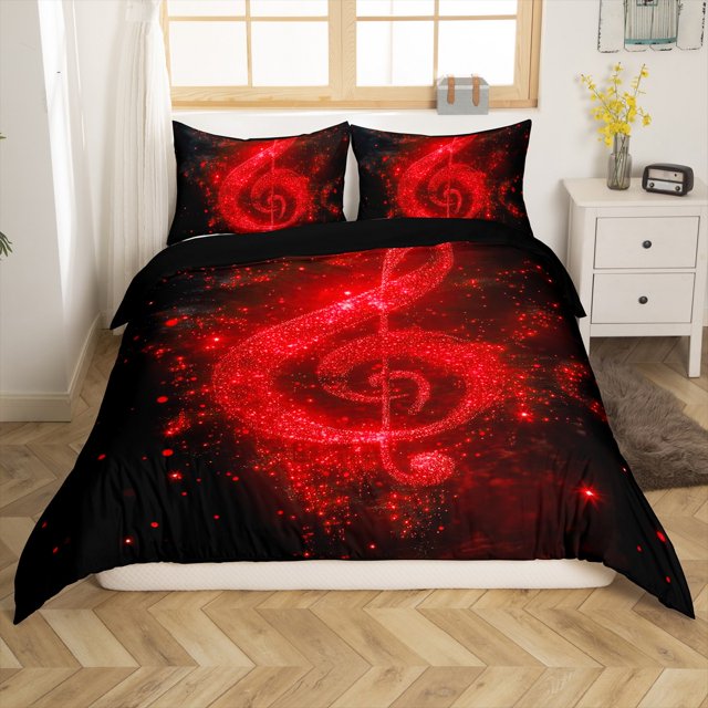 Ensemble de Housse de Couette Note de Musique Format Tout-Petit, Ensemble de Literie Chic Imprimé Paillettes Rouges Étoilées (Non Réelles), Housse de Couette Thème Musique Romantique Scintillante Mode (Sans Bourre) pour Enfants, 2 Pcs