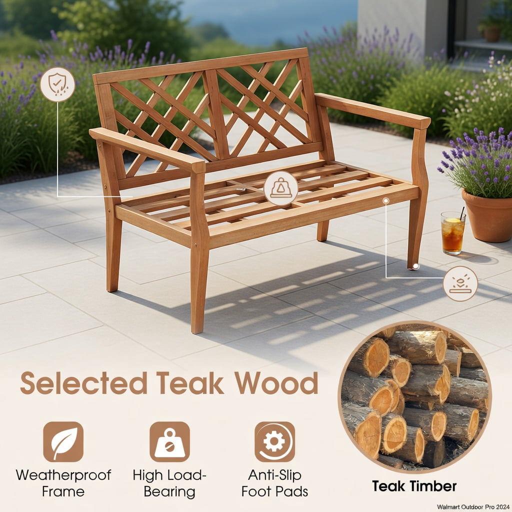 Hommoo 2-Person Outdoor Teak Wood Garden Bench with Ergonomic Backrest & Armrests, Weather-Resistant Patio Seating for Yard, Porch, Poolside, Natural