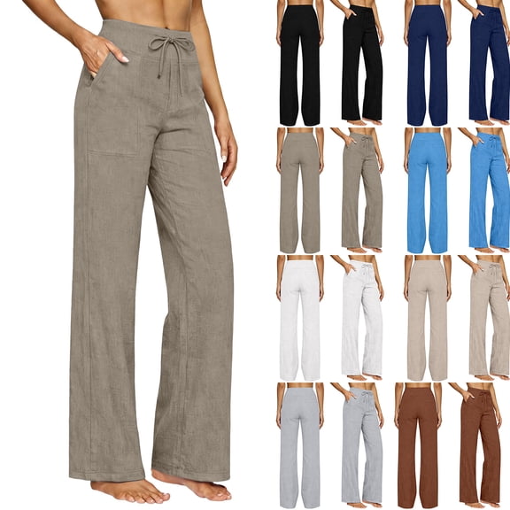 HKYNLAG Womens Cotton Linen Pants Petite 2026 Summer Lightweight High Waist Straight Leg Solid Beach Lounge Trousers Navy L