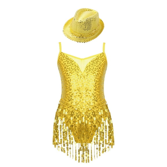 TSSOE Kids Girls Sequins Jazz Latin Dance Outfit Sleeveless Gymnastics Leotard Tassel Dress with Hats for Performance Gold 8