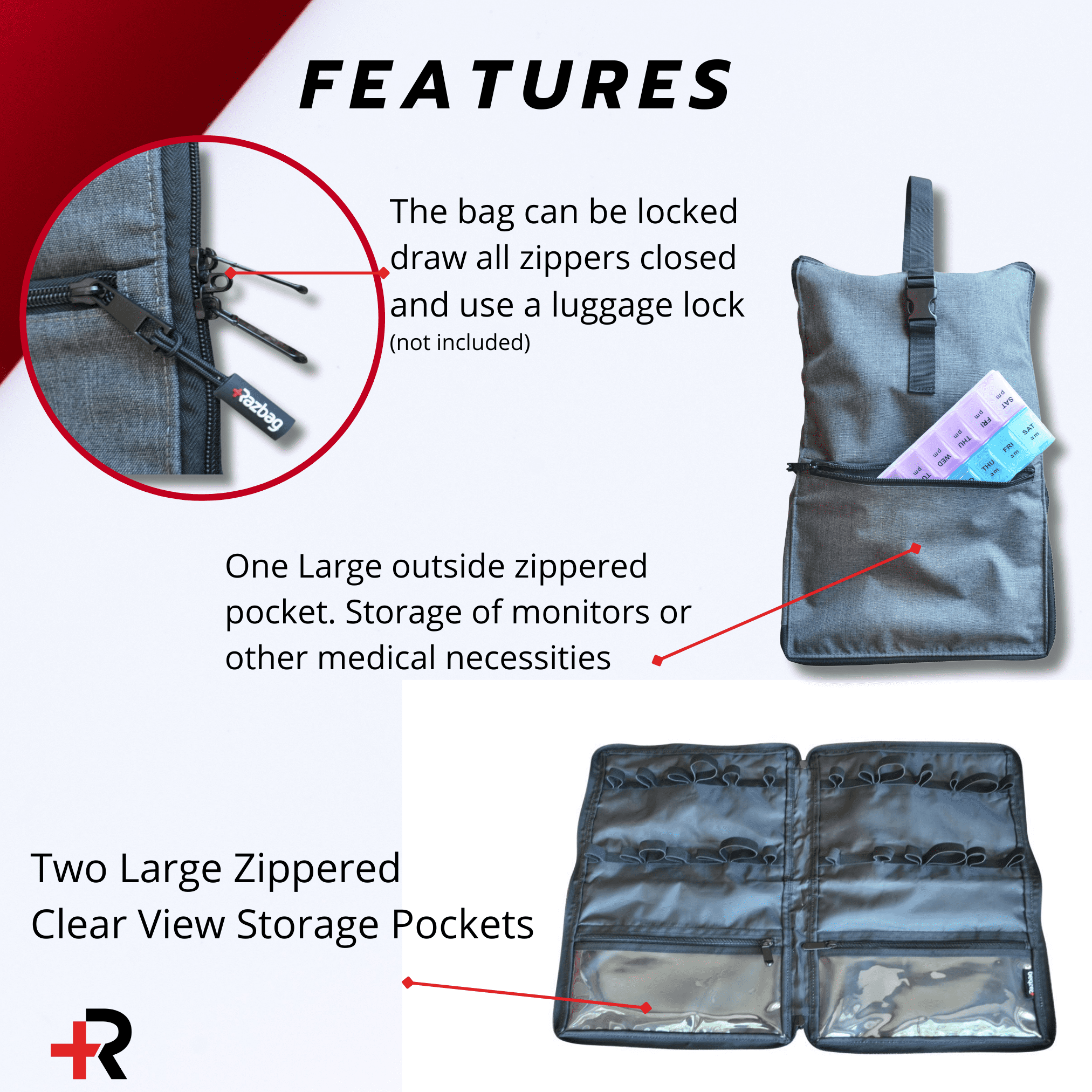 Razbag Travel Medication Bag, Lockable Organizer, 20 Bottles + Pill Box