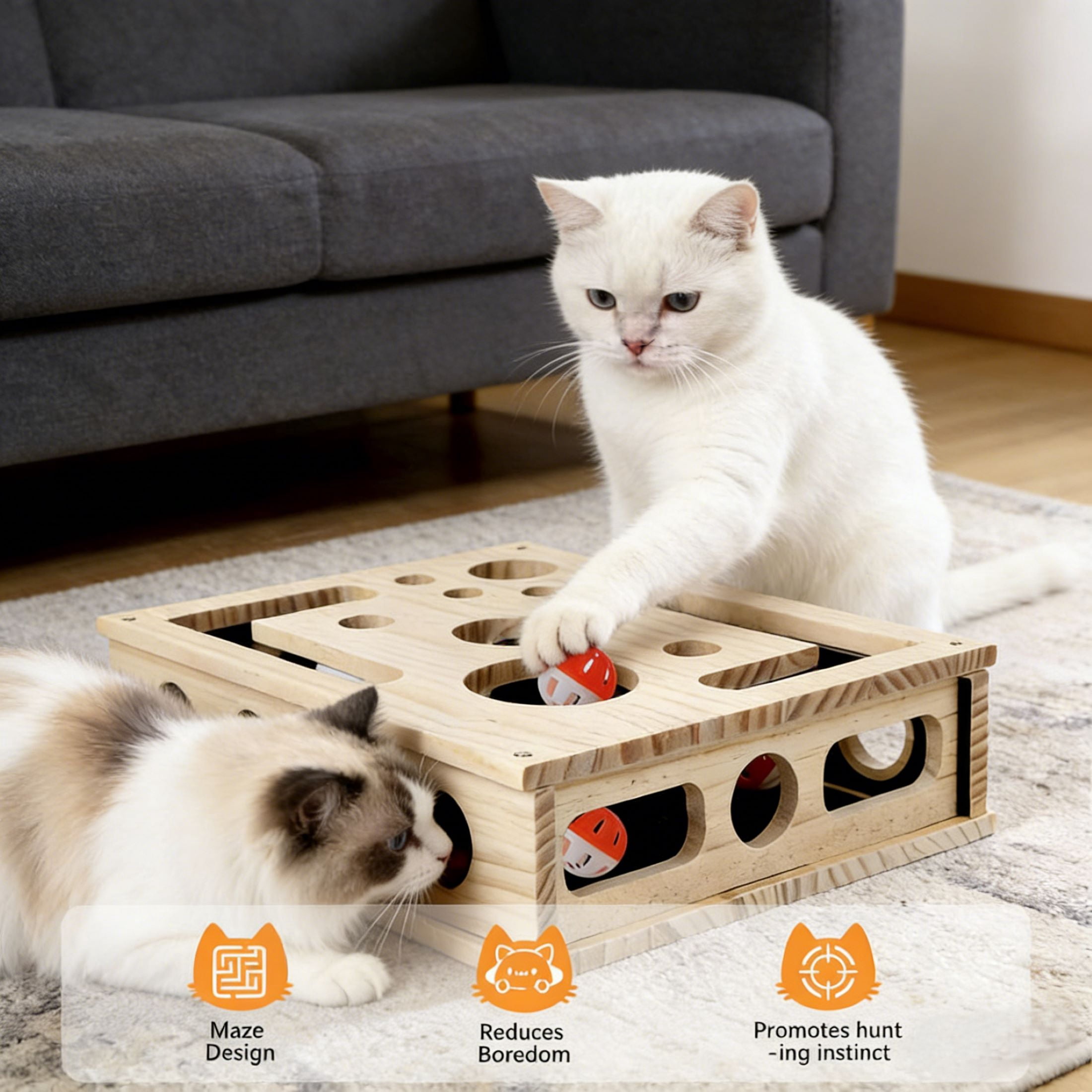 Interactive cat nail file scratch puzzle rich box, with nail file pad, 1 wand toy, and 3 game balls (random colors)