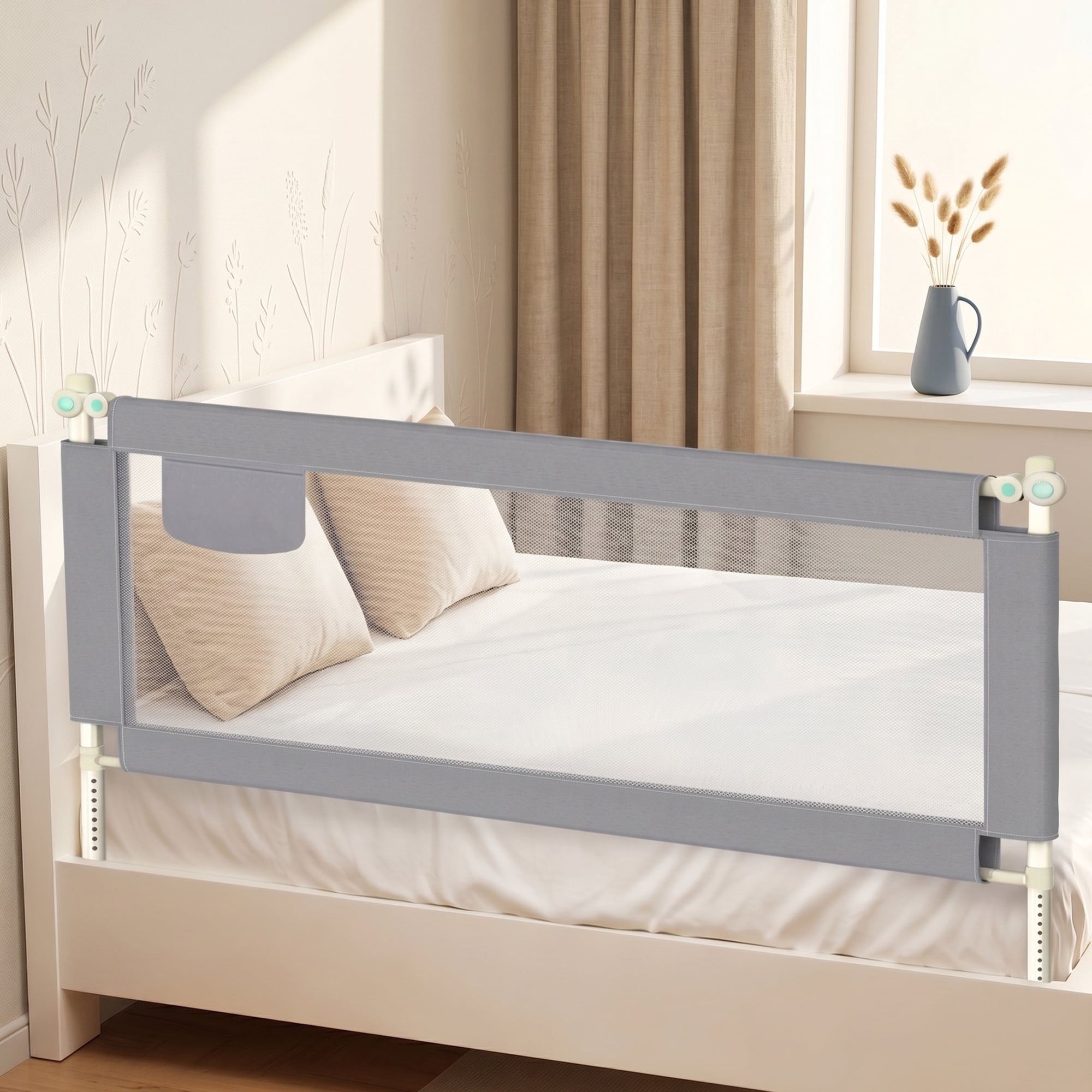 L-Shaped Toddler Bed Rail ,59in Extra Large Safety Fence, Universal Fit for Most Mattresses, Tool-Free Easy Installation, Gray