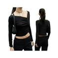 thumbnail image 6 of Liacowi Women Crop Basic Tops Solid Color Asymmetrical Ruched Long Sleeve Shirt Casual Pullovers for Club Streetwear, 6 of 7