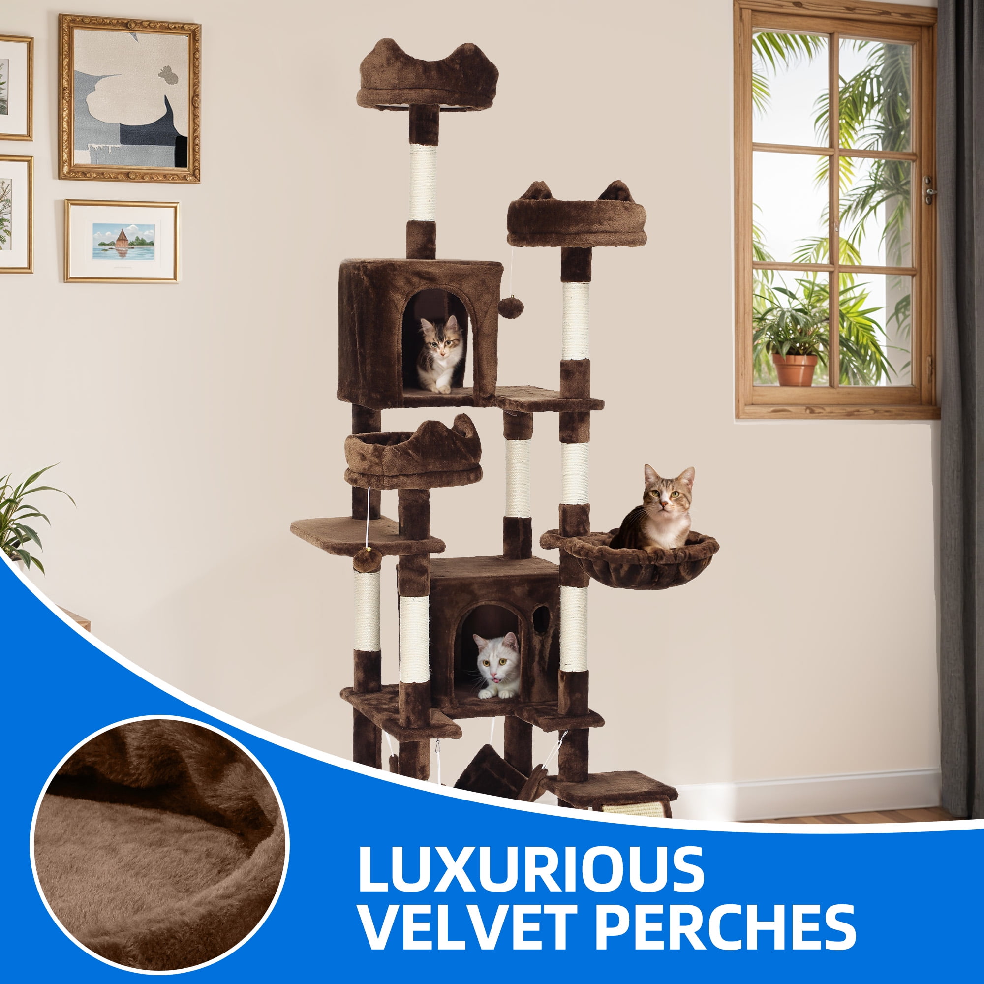 Dextrus 75" Tall Cat Tree for Large Cats, Multi-Level Play Tower Condo with Sisal Ramp Scratching Post & Hammocks, Brown