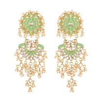 Efulgenz Indian Jewelry Bollywood Antique Beaded Crystal Kundan Floral Big Dangle Chandelier Earrings Set, Green