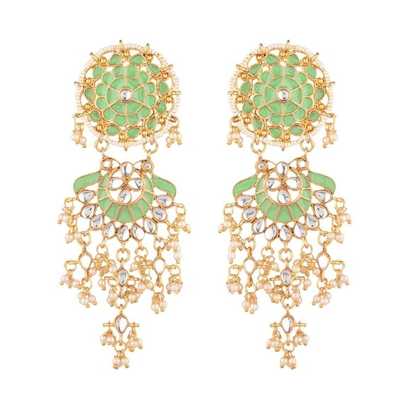Efulgenz Indian Jewelry Bollywood Antique Beaded Crystal Kundan Floral Big Dangle Chandelier Earrings Set, Green