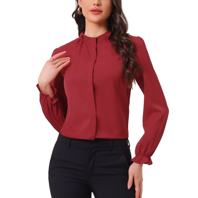 INSPIRAR CHIC Blusa de Manga Larga con Cuello Alto y Botones para Mujer con Volantes XL Rojo Oscuro