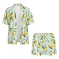 thumbnail image 4 of FKELYI Green Lemon Flower Print Women's 2 Piece Set Short Sleeve Shirt & Shorts with Elastic Waist Summer Beachwear Soft Vacation Outfits Open Front Top Lounge Set, M, 4 of 7