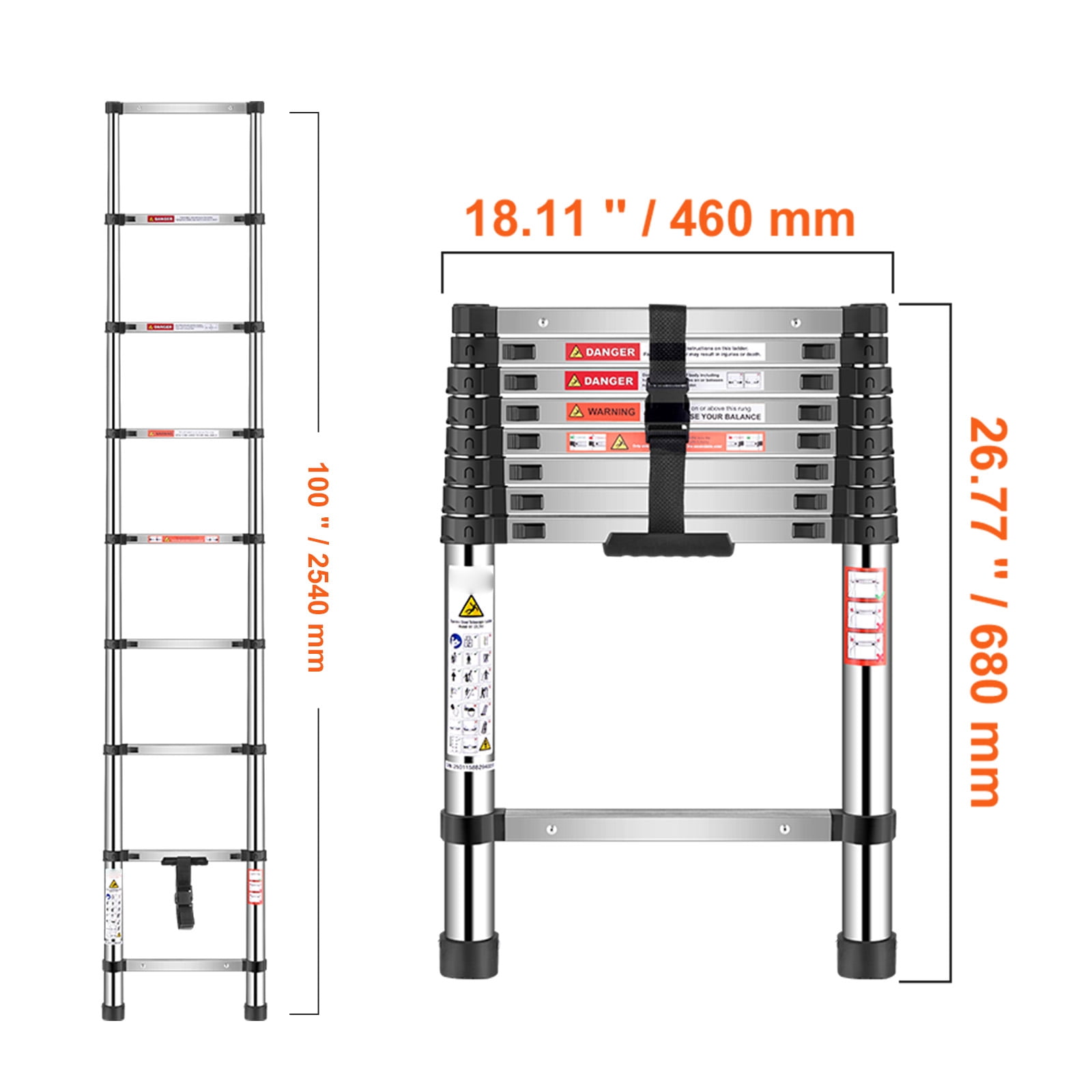 KFFKFF 8.5ft Telescoping Ladder, Stainless Steel Lightweight Extension Ladder with Multi-Button Retraction, 330LBS Load Capacity, Non-Slip Feet, Portable 9-Step Ladder for Home, RV, and Loft