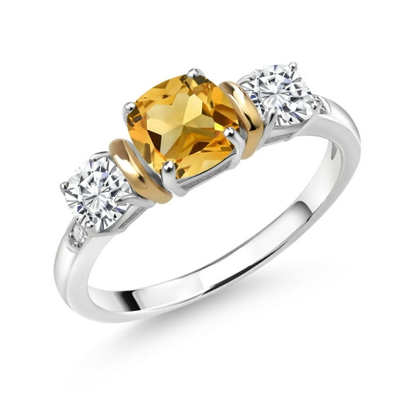 Gem Stone King 925 Silver and 10K Yellow Gold 3-Stone Diamond Ring Cushion Yellow Citrine and Moissanite (1.59 Cttw, Size 9)