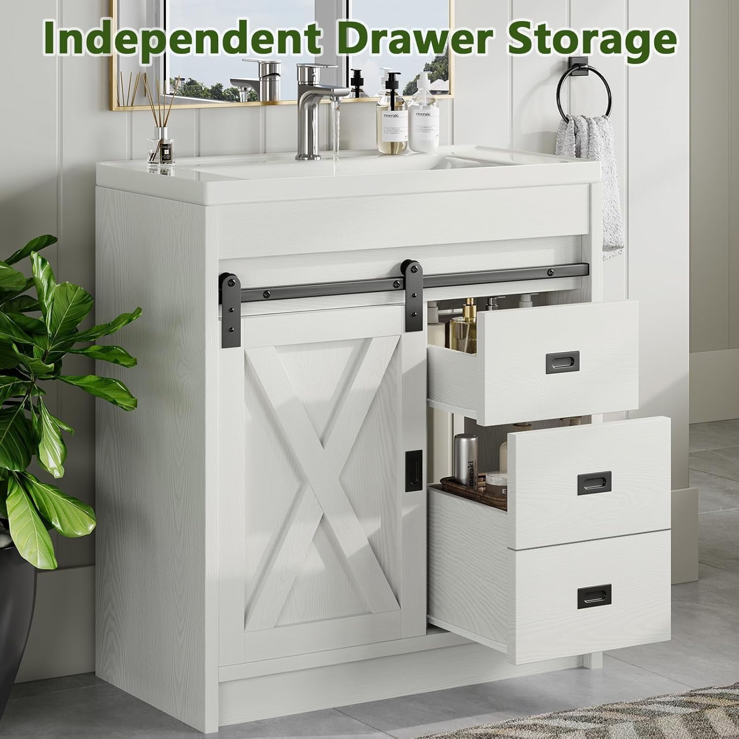 DreamCurship 32" Bathroom Vanity with Sink Combo, White Bathroom Storage Cabinet with Drawers, Farmhouse Bathroom Vanity Cabinet with Sliding Barn Doors, White