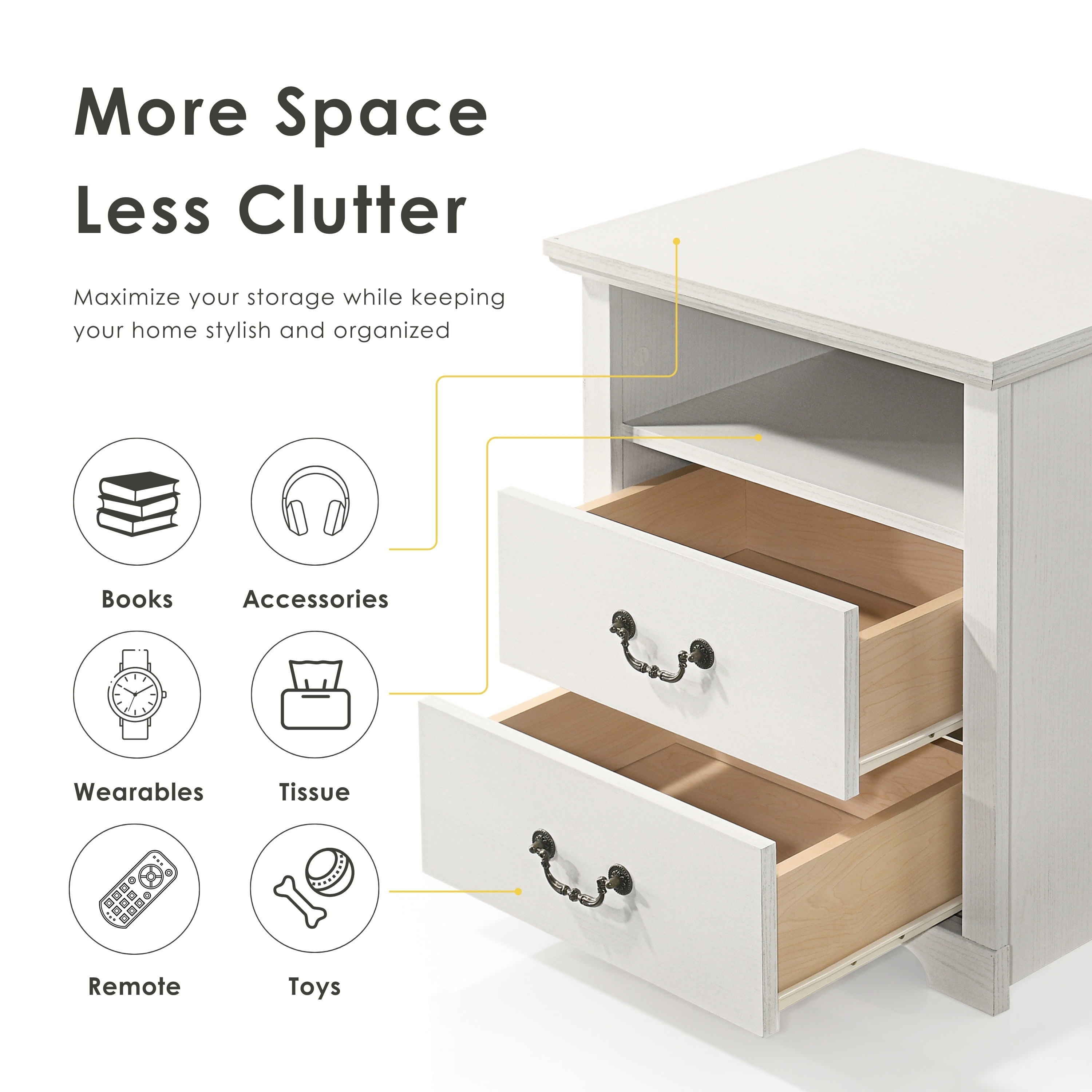 Furniture of America Chara Modern Wood 2-Drawer Nightstand with Open Top Shelf, White