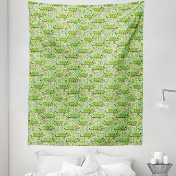 Flower Tapestry, Illustration with Chameleon on Branches Hearts and Flowers on Pale Backdrop, Fabric Wall Hanging Decor for Bedroom Living Room Dorm, 5 Sizes, Mustard Cream Green, by Ambesonne
