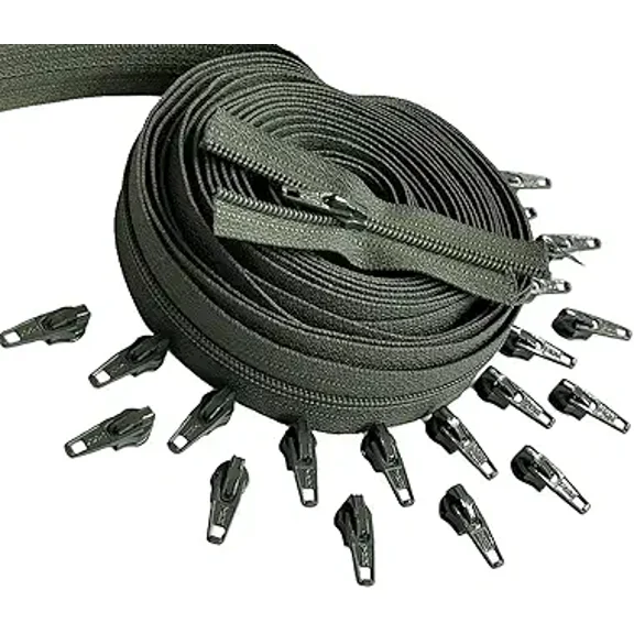 Zipperstop #3 YKK Nylon Coil Continuous Zipper Chain 5 Yards with 20 Automatic Lock Zipper Pulls Olive Green #567 for DIY Sewing Crafts or Bags