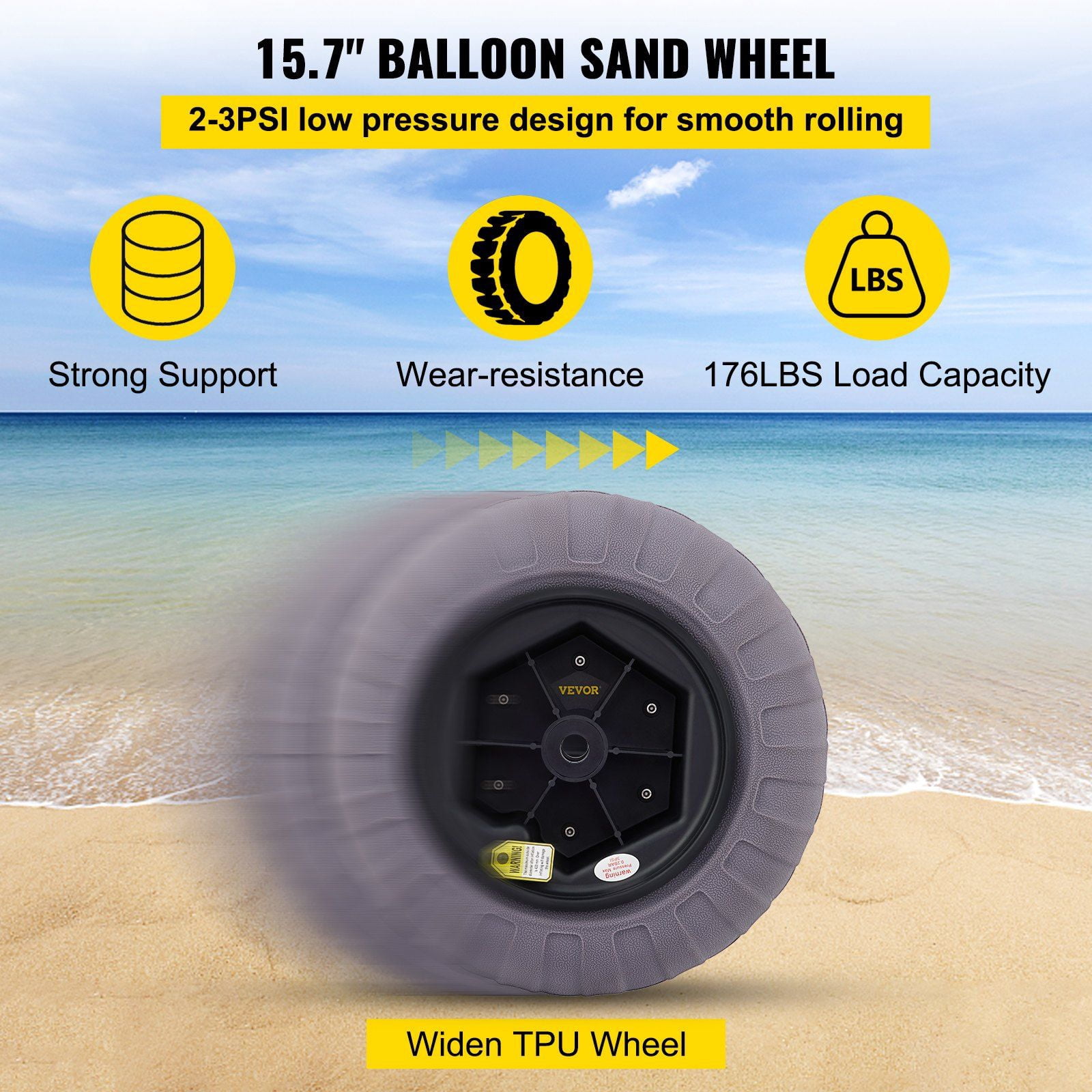 Beach Balloon Wheels 2-Pack, 15.7-Inch Replacement Sand Tires with Heavy-Duty TPU Construction, Includes Hand Air Pump for Easy Inflation, Compatible with Kayak Dolly, Canoe Cart, Up to 176 lbs