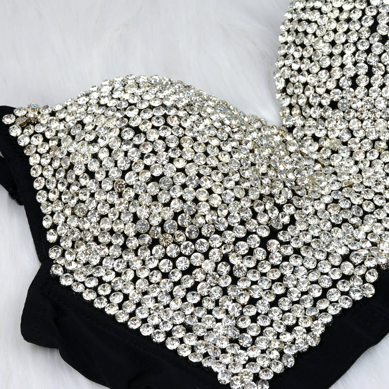 ELLACCI Women's Handmade Rhinestone Diamond Push up Bustier Crop Top Sexy  Punk Corset Bra White