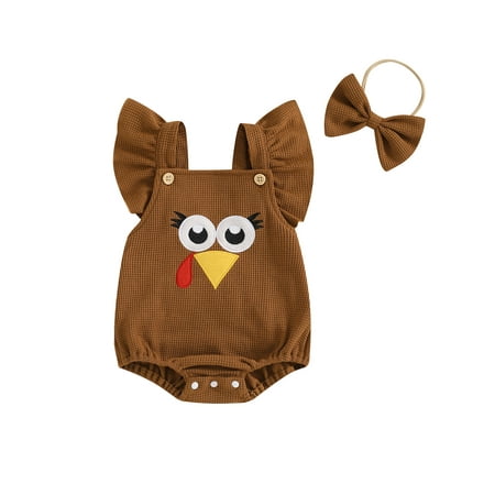 

Raccmtaty Baby Girls Rompers Thanksgiving Clothes Turkey Embroidery Fly Sleeve Toddler Bodysuits with Headband