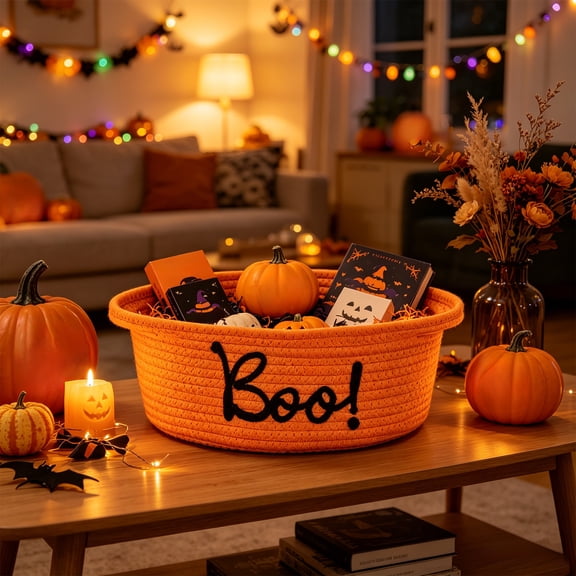 BSJJY Orange Halloween Pumpkin Tote Bag 12.2x8.3 Inch, Embroidered Candy Storage Handbag with BOO Design, Reusable Party Gift Basket