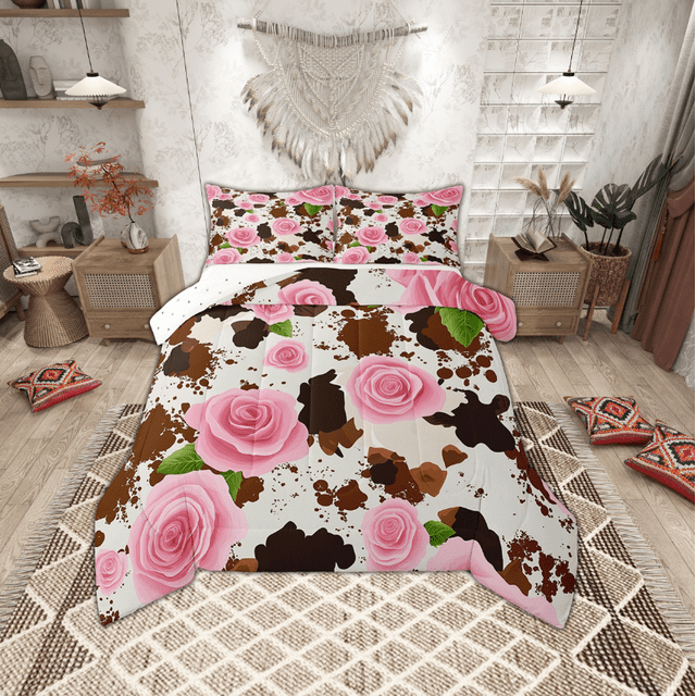 Erosebridal Ensemble de Couette Grand à Fleurs de Roses Roses, Couette en Duvet à Imprimé Vache Brune, Réversible 3 Pcs