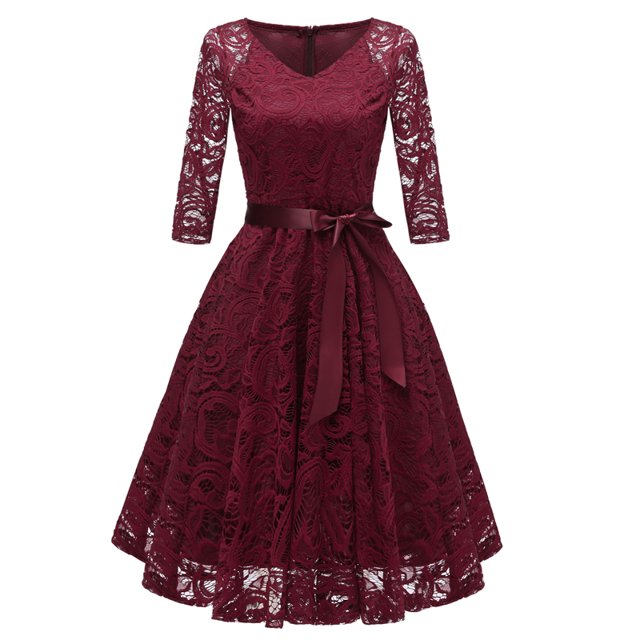 Vestido plisado de encaje de ganchillo de mujer vintage Vestido de fiesta de noche Irfora borgoña/XXL