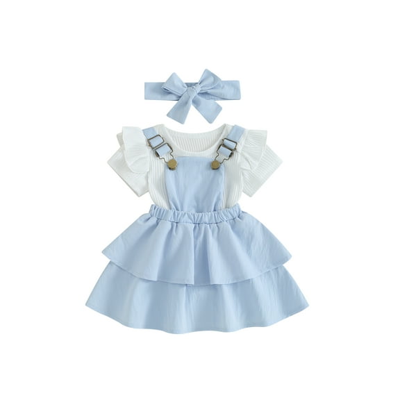 Bagilaanoe 3Pcs Newborn Baby Girls Overalls Dress Set Short Sleeve Romper Tops   Suspender Skirt   Headband 3M 6M 12M 18M 24M Infant Casual Clothes