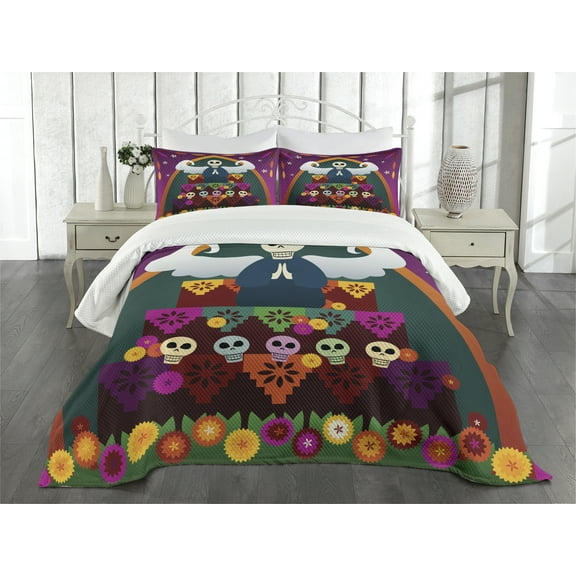 Sugar Skull Bedspread, Angel Head on top of Altar to Celebrate Dia de Los Muertos, Decorative Quilted 3 Piece Coverlet Set with 2 Pillow Shams, Queen Size, Purple Green, by Ambesonne